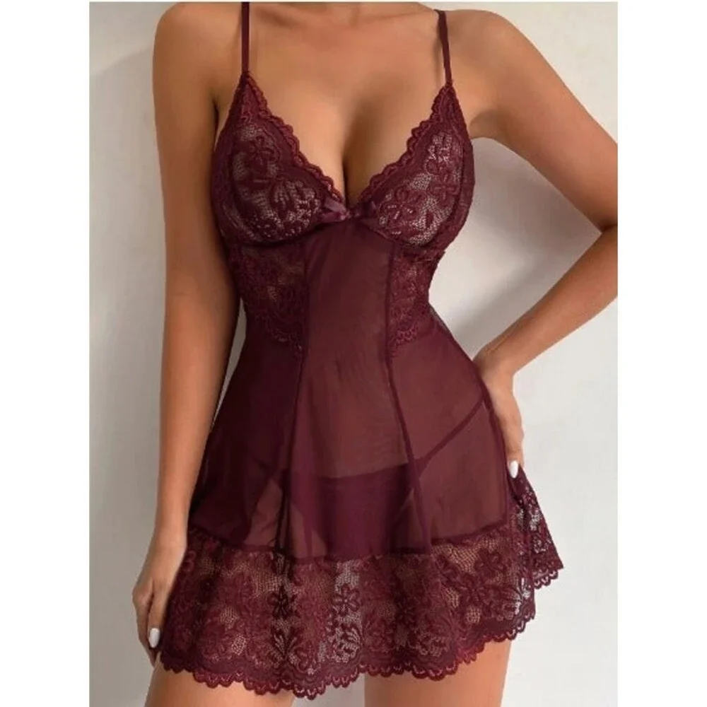 XXL Burgundy Red Floral Lace Scallop Trim Babydoll With Thong